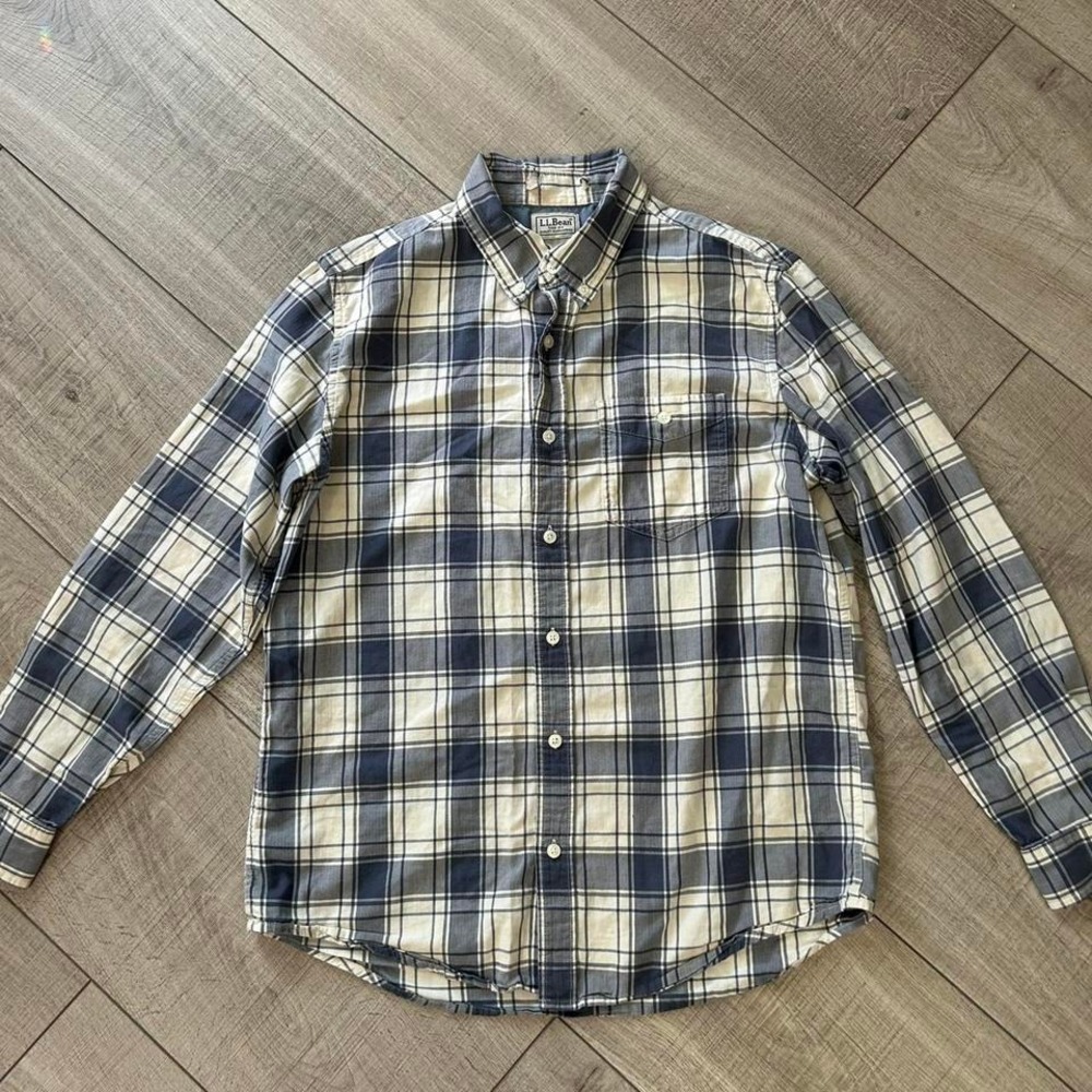L.L. Bean Blue Plaid Button Down Shirt Classic Casual -‎ Size M